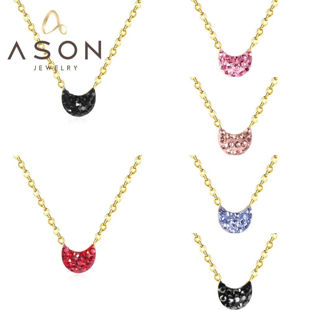 Ason Design 18k Gold Plated Stainless Steel Jewelry Chain Fashion Women Elegant Temperament Mini Diamond Pendant Moon Necklace