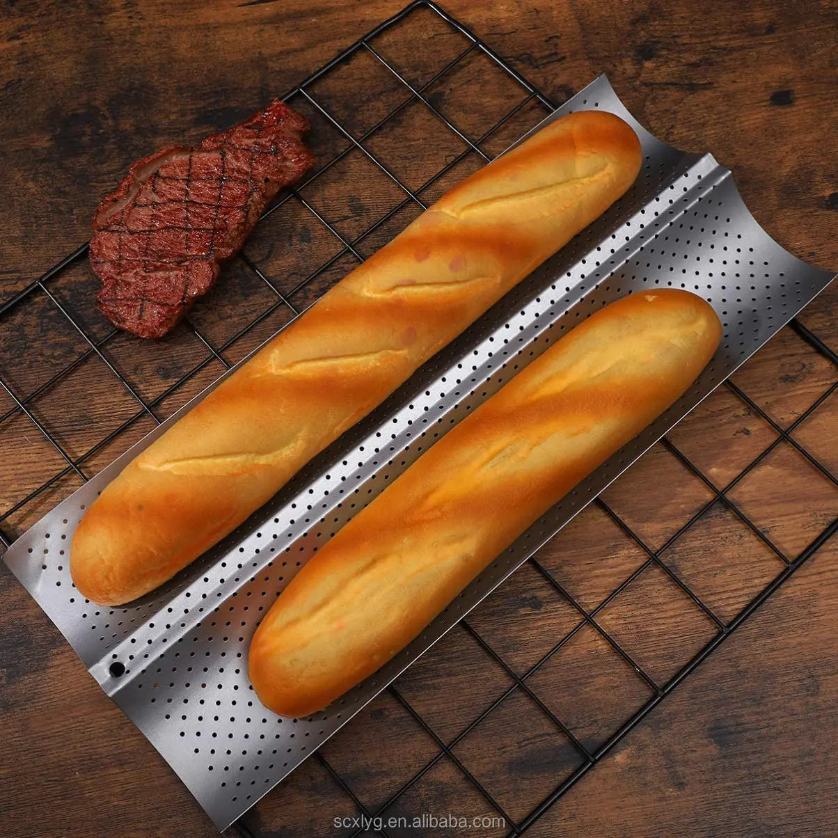 XLR Hot Selling Non-stick 2 Slot Stainless Steel Baguette Pan Perforated French Bread Baking Tray