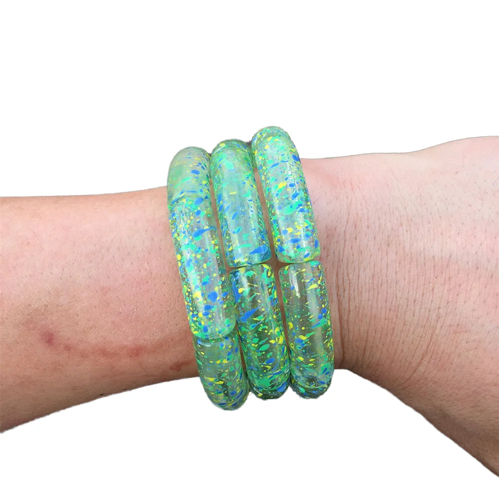 Casual Bohemia Big Circular Resin Bracelet Blue Yellow Printing Transparent Green Acrylic Chunky Stretched Bracelets Bangles