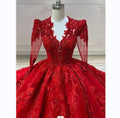 Red Actual Princess Illusion Long Sleeve Big Tail Ball Gown Quinceanera Dresses 3D Flowers Appliques Girls 15 16 Anos MQ740