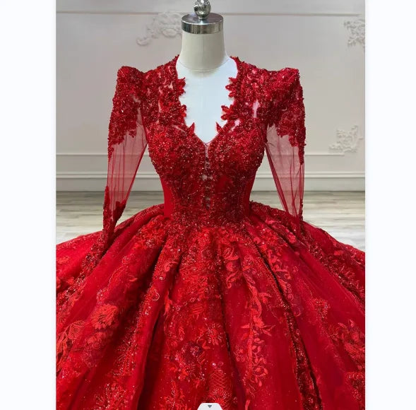 Red Actual Princess Illusion Long Sleeve Big Tail Ball Gown Quinceanera Dresses 3D Flowers Appliques Girls 15 16 Anos MQ740
