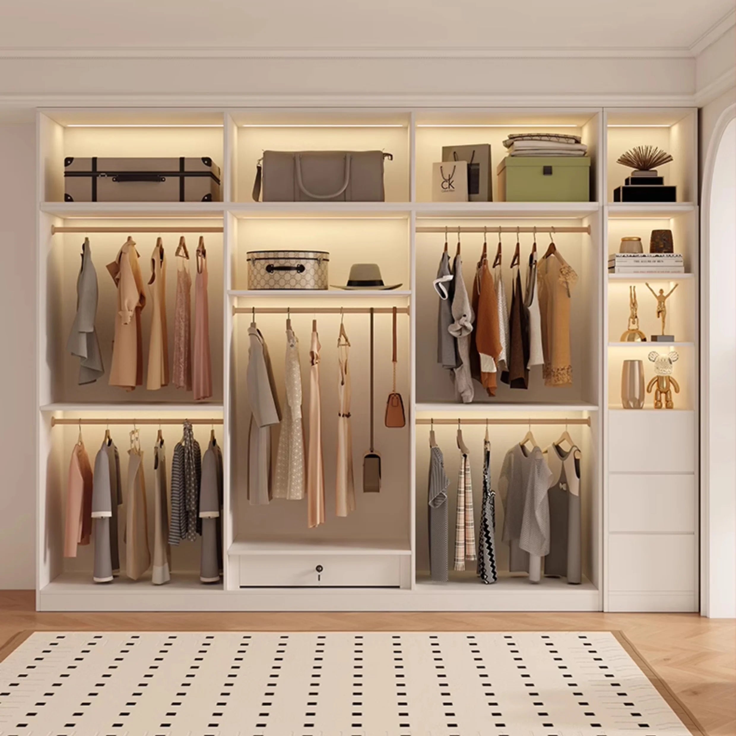Luxury Modern Wooden Wardrobe with Glass Door Portable Walk-In Closet for Bedroom Gym Hospital School Villa with Light Feature