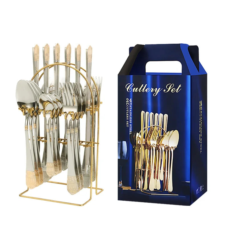 Hot Sale Crown Stainless Steel Flatware 24 Pcs Set Knife Fork and Spoon Gold Silverware Wedding Cutlery Set