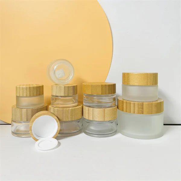Eco Friendly 1oz 2oz3.3oz  4oz 8oz 16oz Bamboo Cosmetic Bottle Packaging Jar With Bamboo Lid Wholesale Glass Bamboo Jar