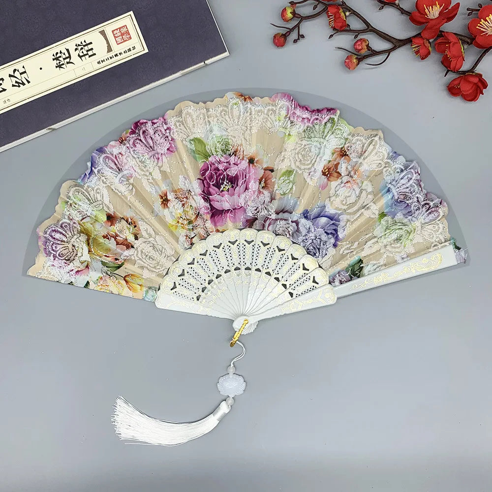 Promotional Fancy Large Size Silk Plastic Hand Fan for Ladies Custom Folding Fan for Wedding