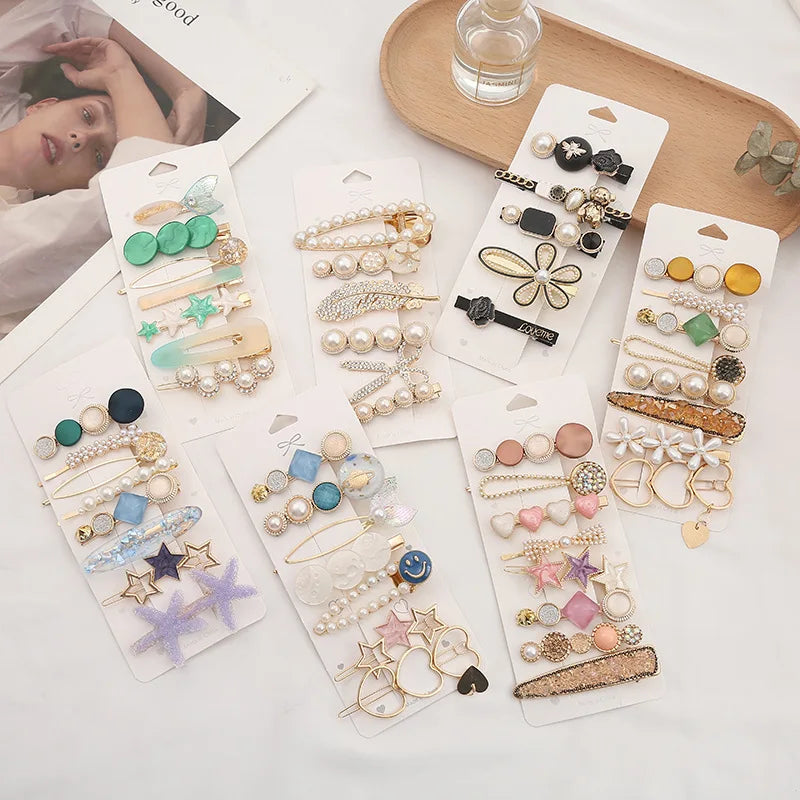Wholesale Korean Fashion One Word Clip 5-8pcs/Set Crystal Pearl Bear Barrettes Hair Pin Clip Set Hairpins