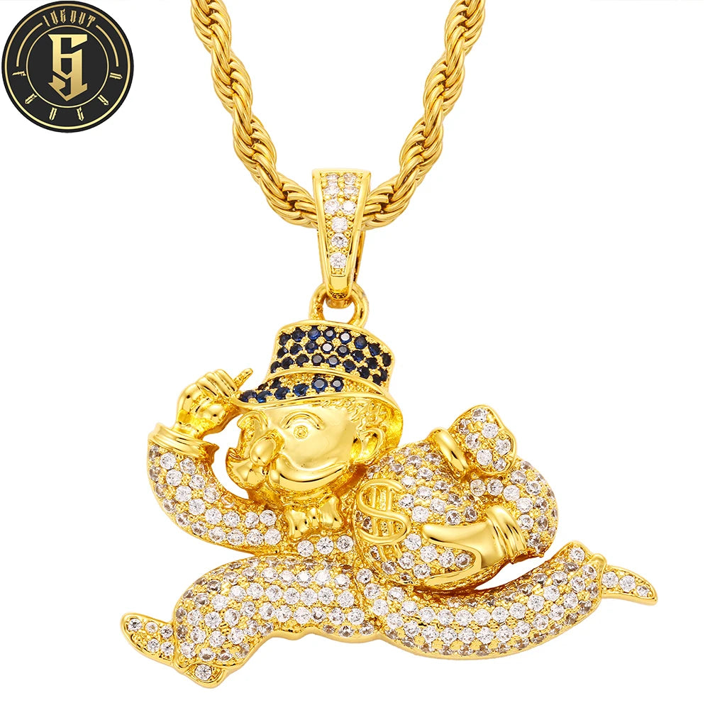 Rappers Jewelry Brass Iced Out Zircon Monopoly Running Clown With Money Bag Pendant Necklace Hip Hop Men Jewelry