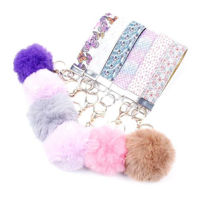 Hot Sale Cute Pattern Design Keychain Low MOQ Suture Reinforcement Leather Key Chain Wrist Straps Customized