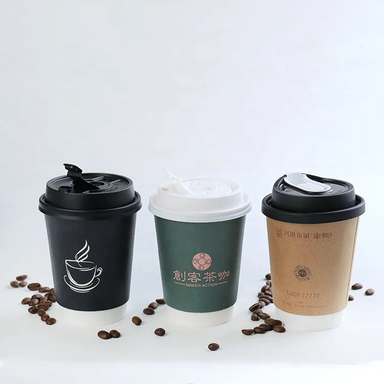 Customizable Logo Biodegradable Waterproof Disposable Round Double Wall Black Paper Cups With Lid