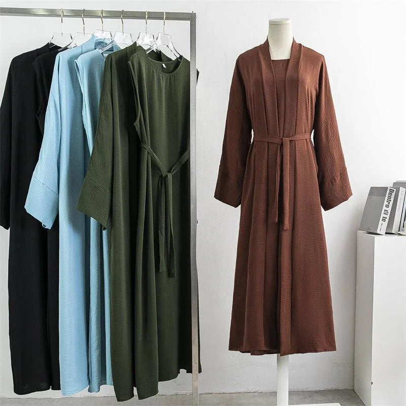 OEM Wholesale New Arrival Women Abaya Loose Cardigan Coat Inner Dress Two Pieces Muslim Sets Clothing