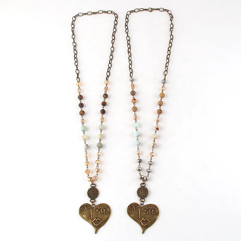 Fashion Jewelry 8mm Natural Stone Crystal Glass Metal Chain Necklace Ancient Bronze Alloy Face Heart Pendant Necklace