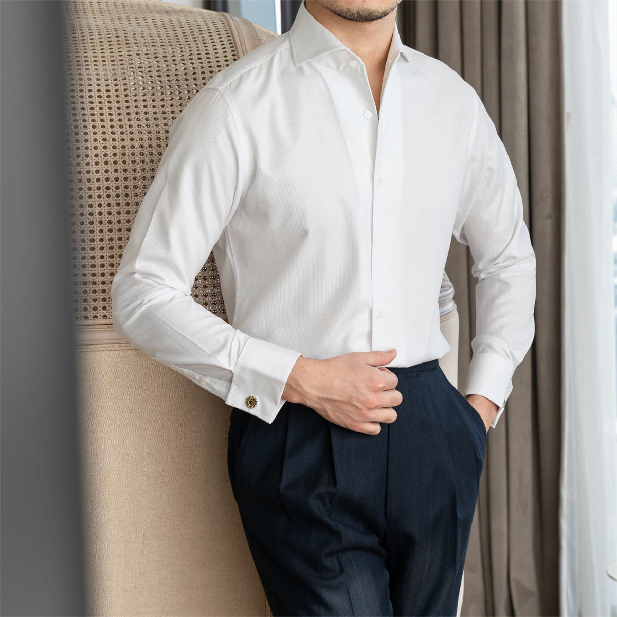 French Cuff Slim Shirt Banquet Italian Vintage Casual White Long Sleeve Men's Shirt