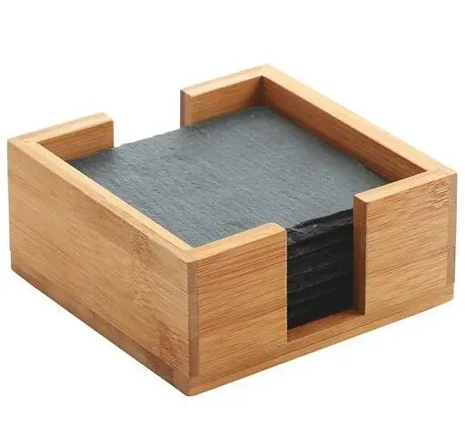 Wholesale Black Slate Stone Drink Coasters Set  With Holder