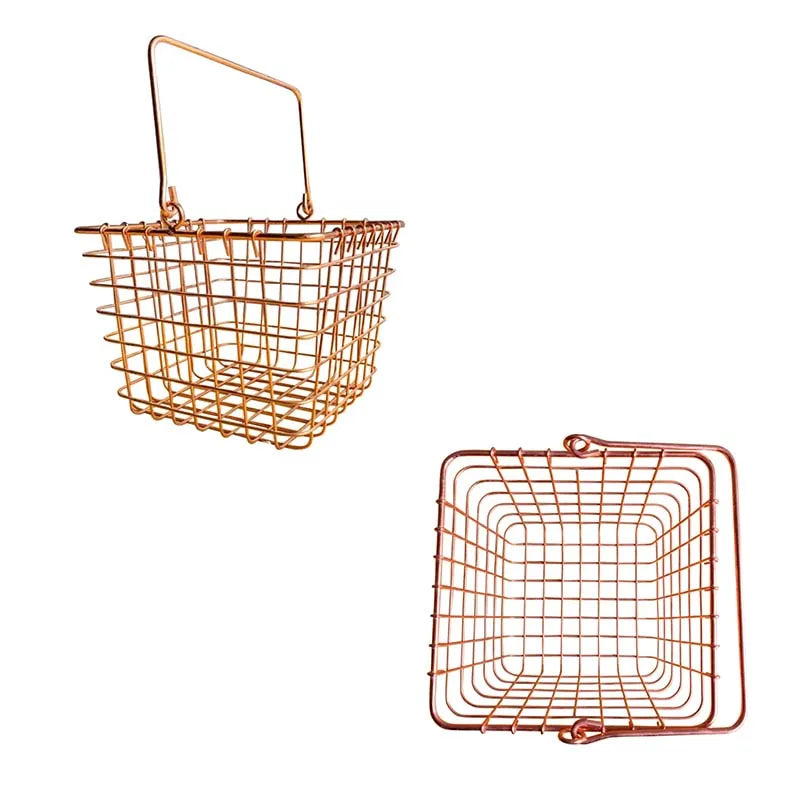 Bright Lovely Metal Mesh Copper Gift Basket With Handle Square Rose Gold Shopping Baskets for Retail Stores