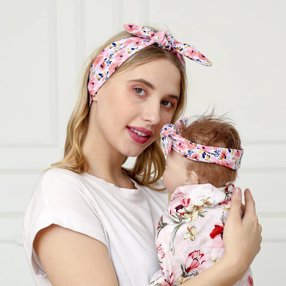 2pcs Per Set DIY Printed Fabric European-American Fashion Hairband Headbands Mom and Baby Hair Accessories for Young Girls