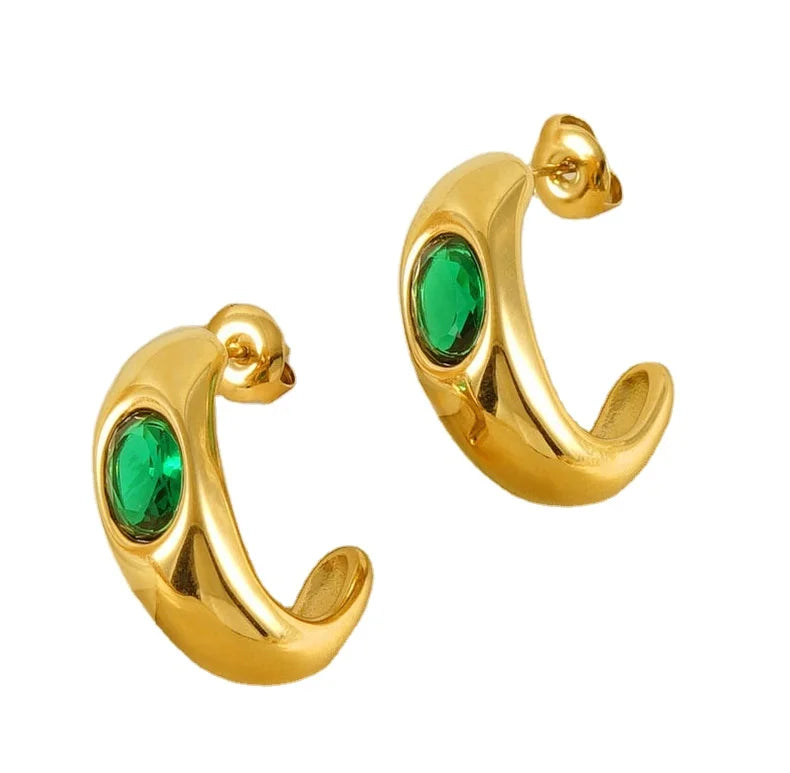 BM Trendy C-Shape Huggie Earrings Hypoallergenic Stainless Steel with Green Zircon Gemstone for Women
