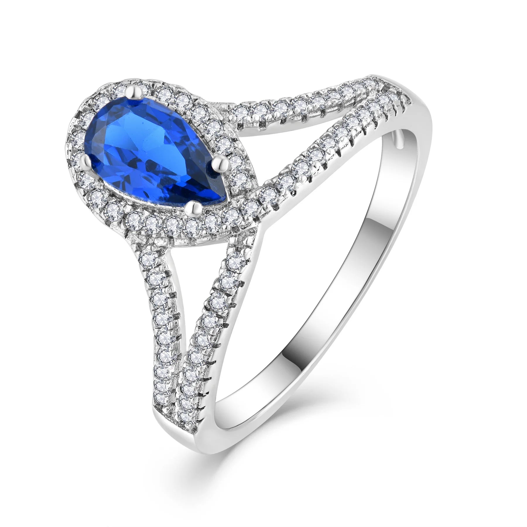 QX Custom OEM Luxury Rhodium Plated Crown Shape White CZ Blue Wedding Rings for Women