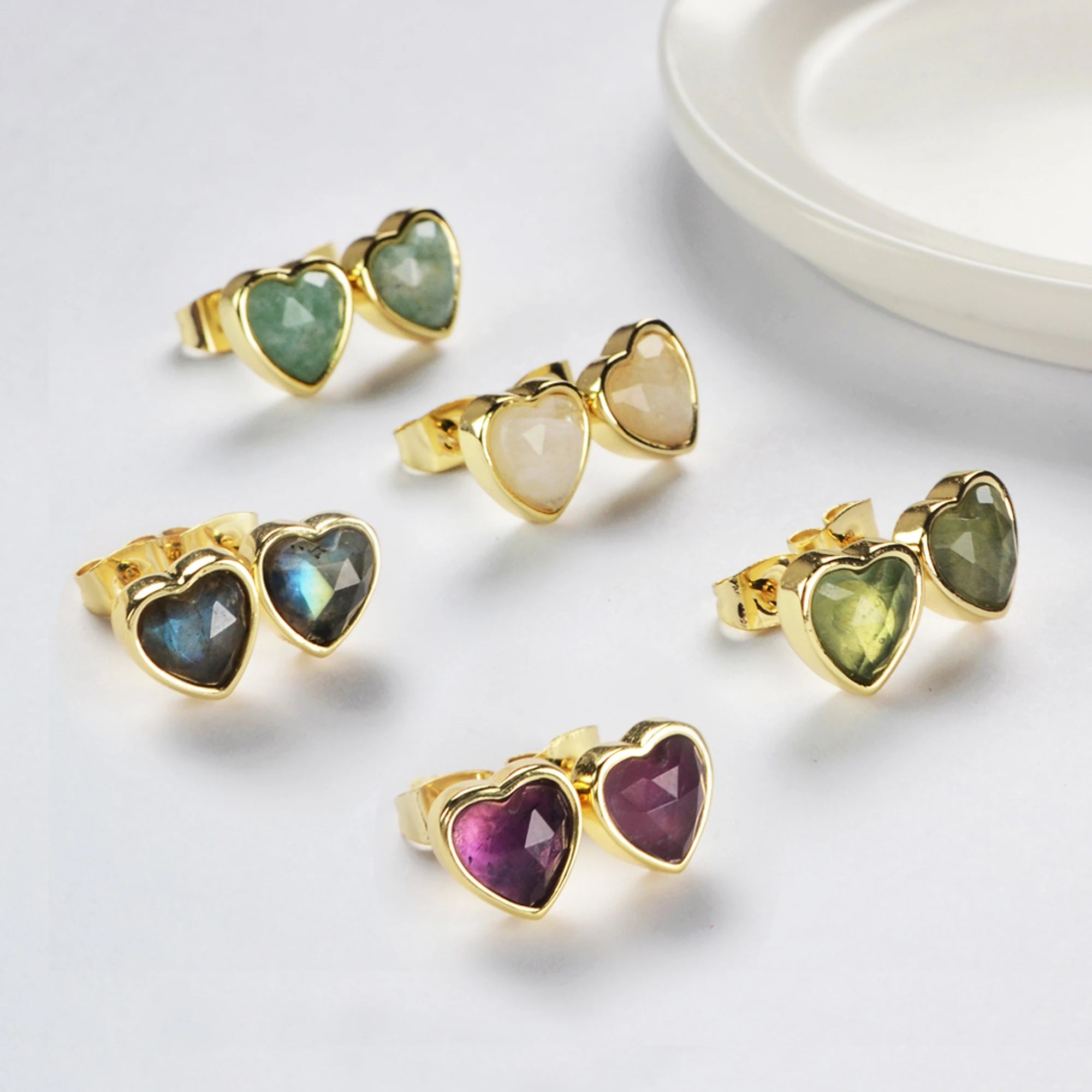 Women Wholesale Bulk Gold Plated 925 Sterling Silver Moonstone Amethyst Crystal Gemstone Heart Shape Earings