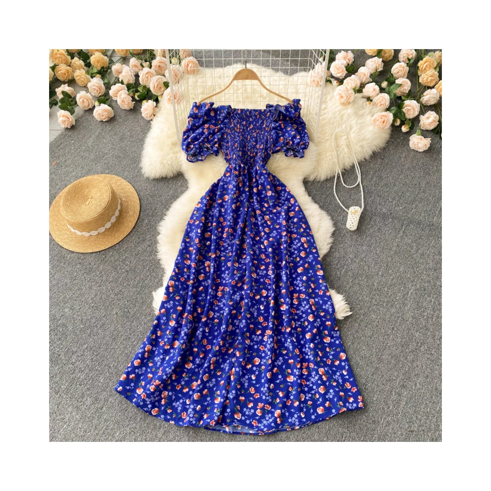 10% OFF French Retro Elegant Slim Floral Dress High Waist Drawstring Pleated Waist Slim Large Swing Dress Chiffon Dress