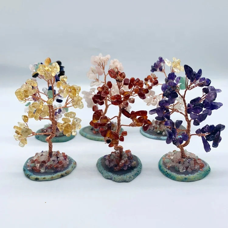 Handmade Natural Rose Quartz Amethyst Tree Brass Wire Tree Healing Energy Gemstone Lucky Tree Office Home Crafts