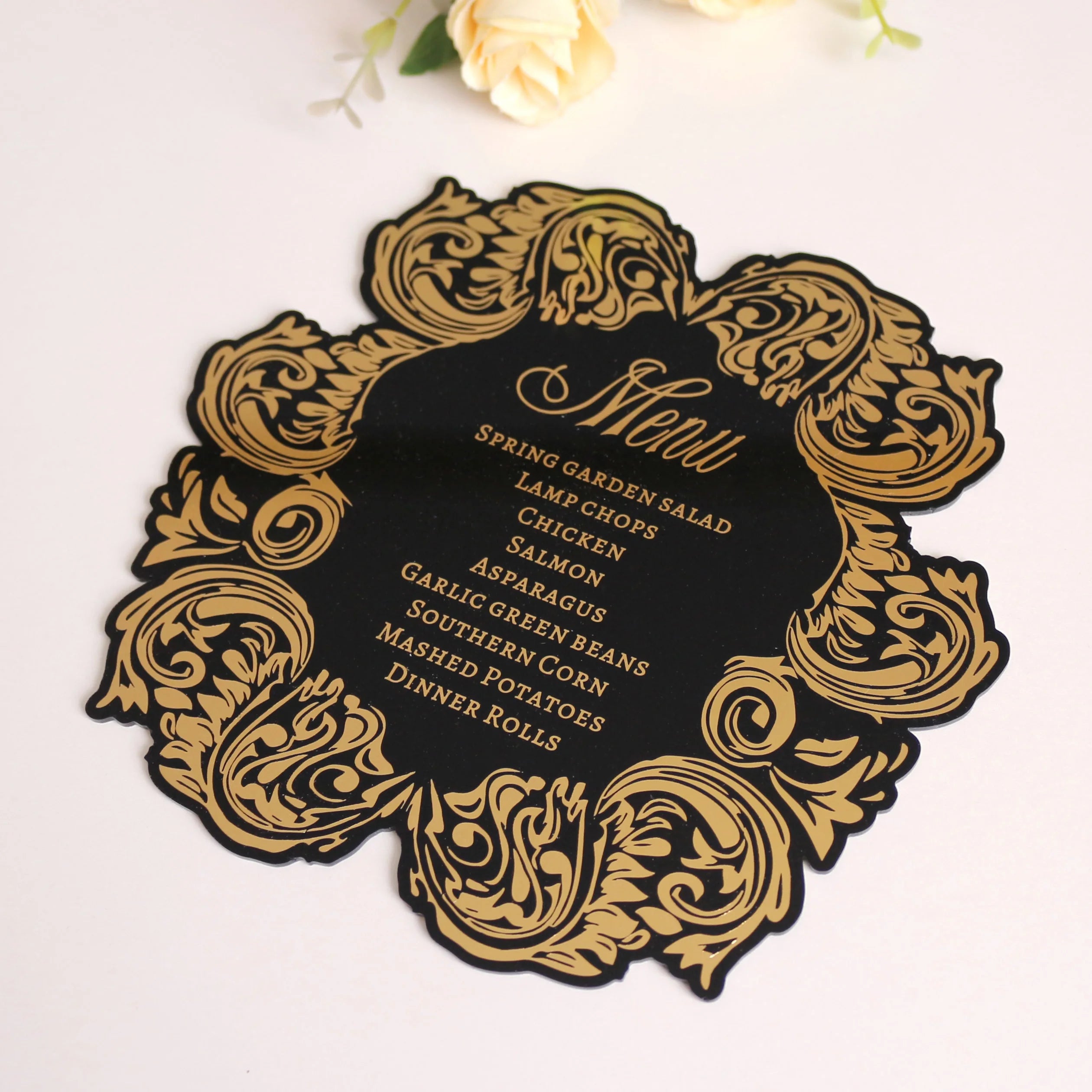 Creative Designing Black Acrylic Menu Card with Floral Pattern and Custom Printing Custom Invitation Cards Table Cards
