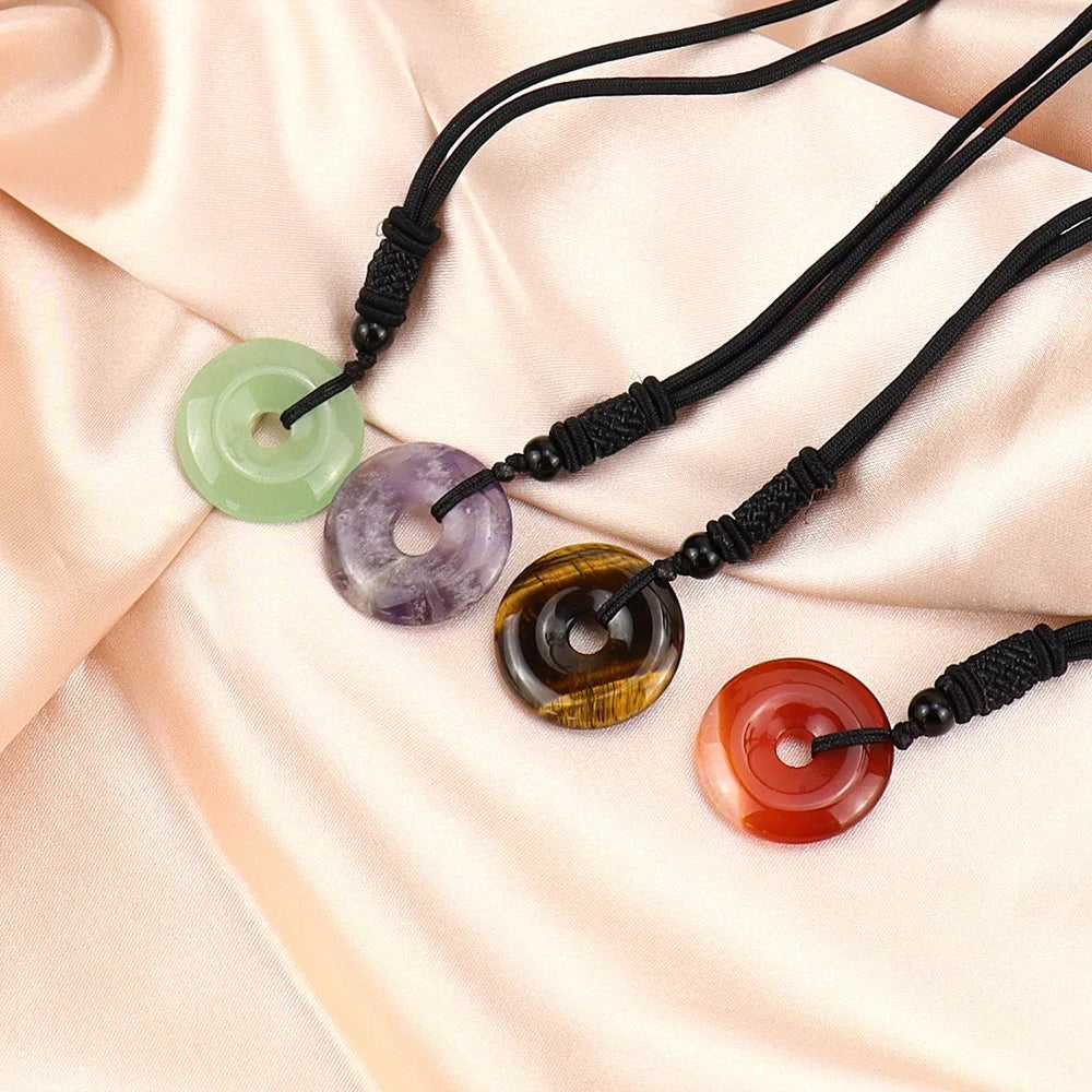 Natural Stone Crystal Amethyst tiger Eye Peace Buckle Pendant Necklace Vintage Gemstone Jewelry Necklace for Women Men