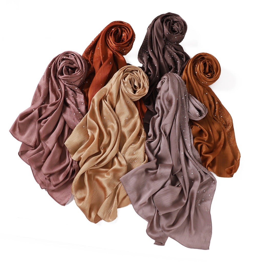 Factory Rhinestone Beaded Satin Hijab Muslim Lady Turkish Women Scarf Malaysia Crinkle Crepes Shawl Wrap Long Headscarf