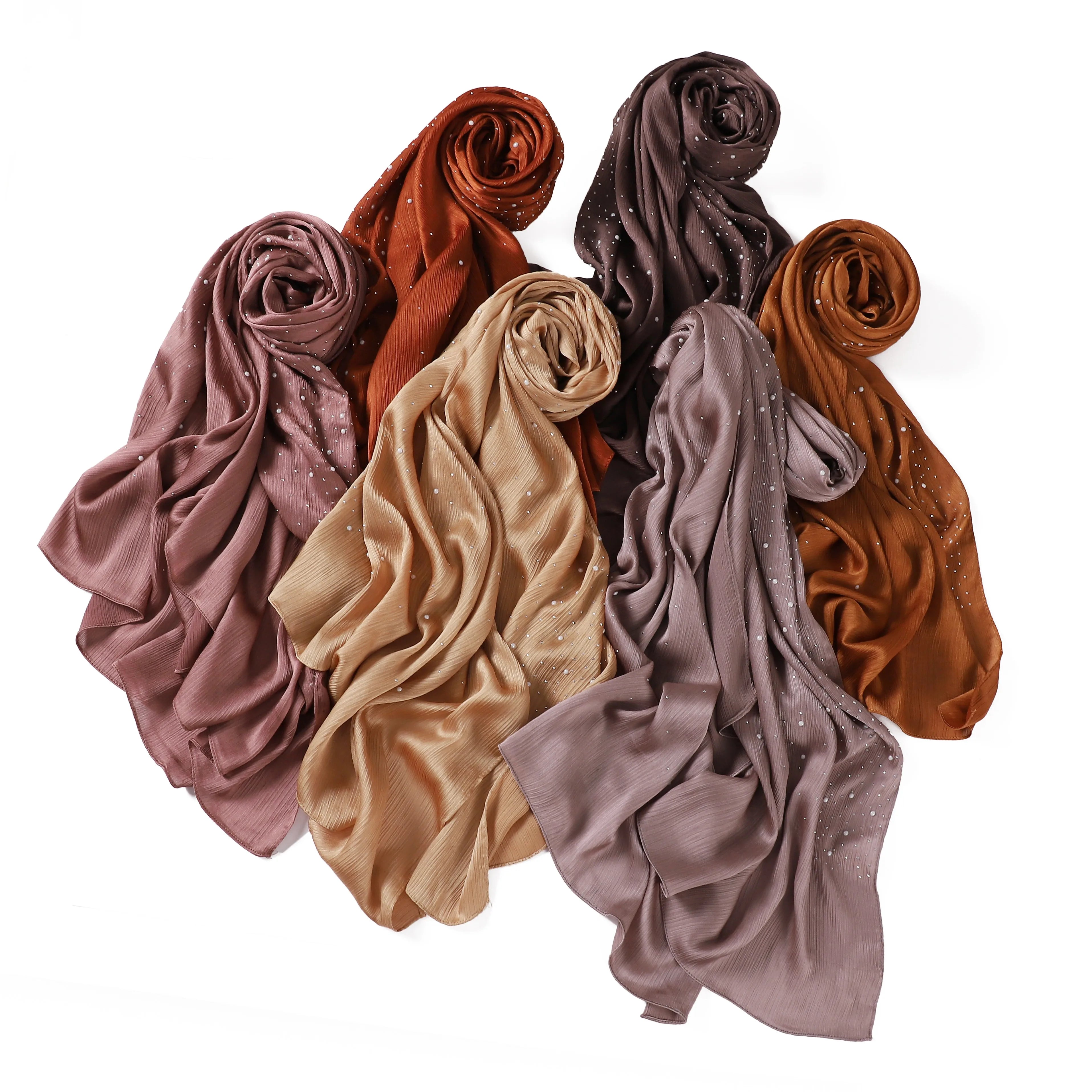 Factory Rhinestone Beaded Satin Hijab Muslim Lady Turkish Women Scarf Malaysia Crinkle Crepes Shawl Wrap Long Headscarf