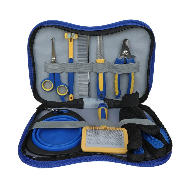 Factory Wholesale Portable Multifunction 8 in 1 Cat Grooming Tool Kit Bag Dog Pet Brush Set