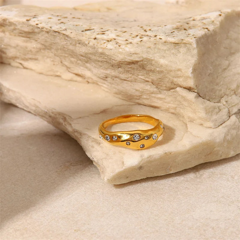 Stainless Steel Minimalist Stacking Ring Irregular 18k Gold Zircon Ring