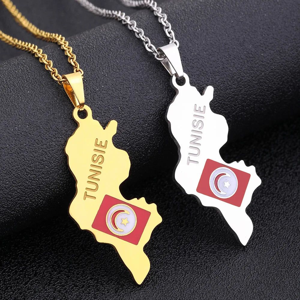 Enameled Tunisia Map Chain Necklaces Stainless Steel 18K Gold Plated Enamel Tunisian National Flag Map Pendant Necklace