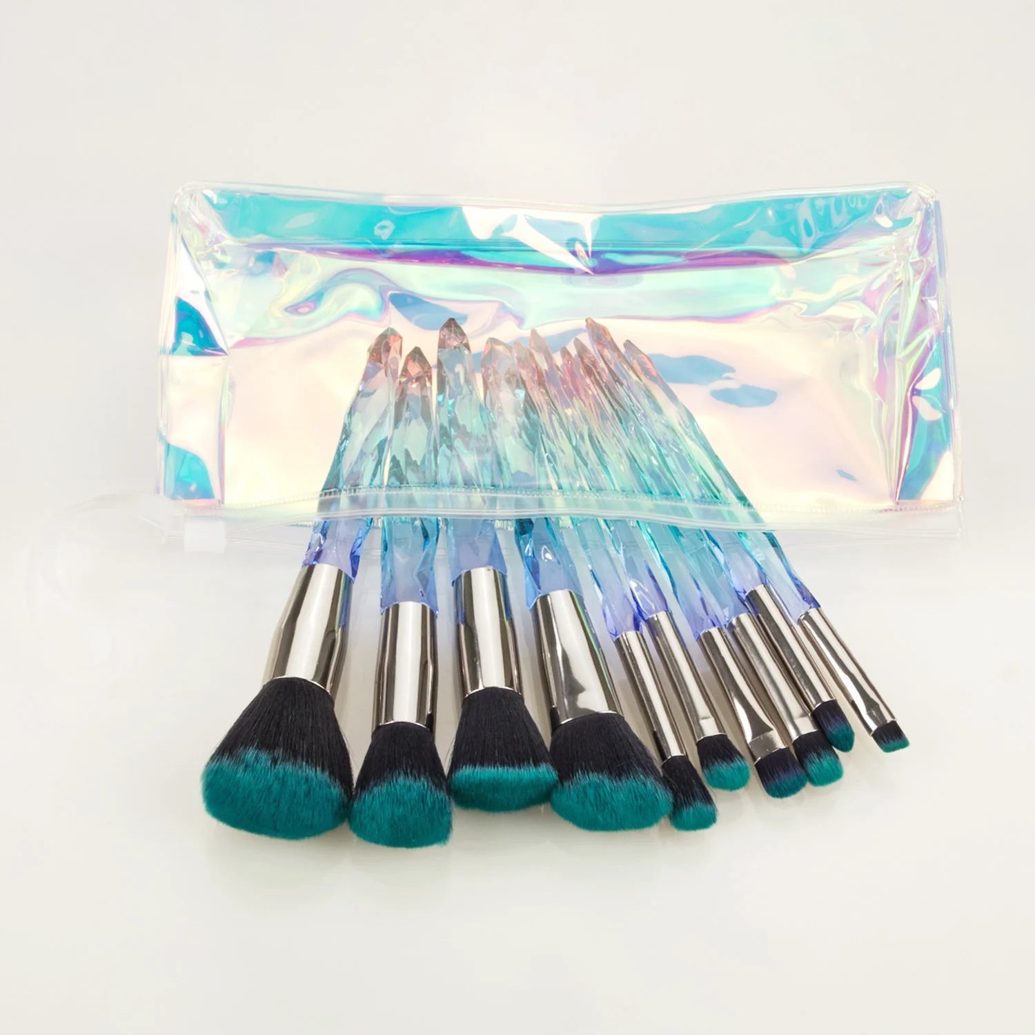 10 PCS Crystal Transparent Synthetic Hair Gradient Shading Kabuki Fan Makeup Brush Set Face Concealer Shaving Eyebrow Pencil