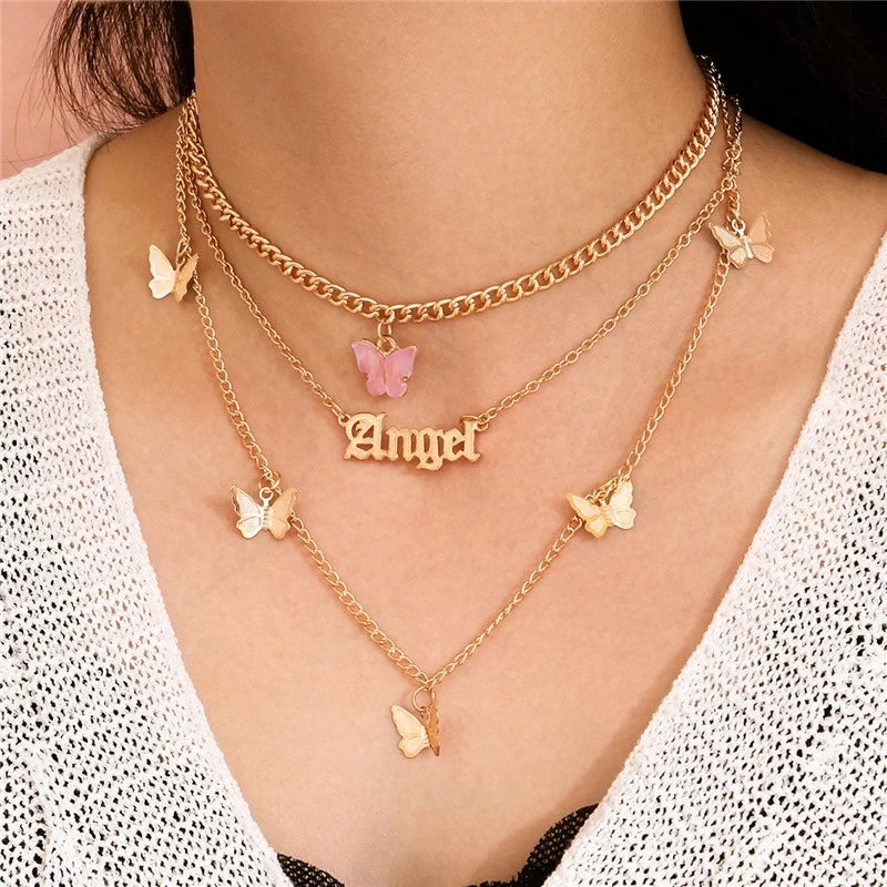 Cute Butterfly Necklace Gold Letter Necklace Three Layer Necklace  for Woman