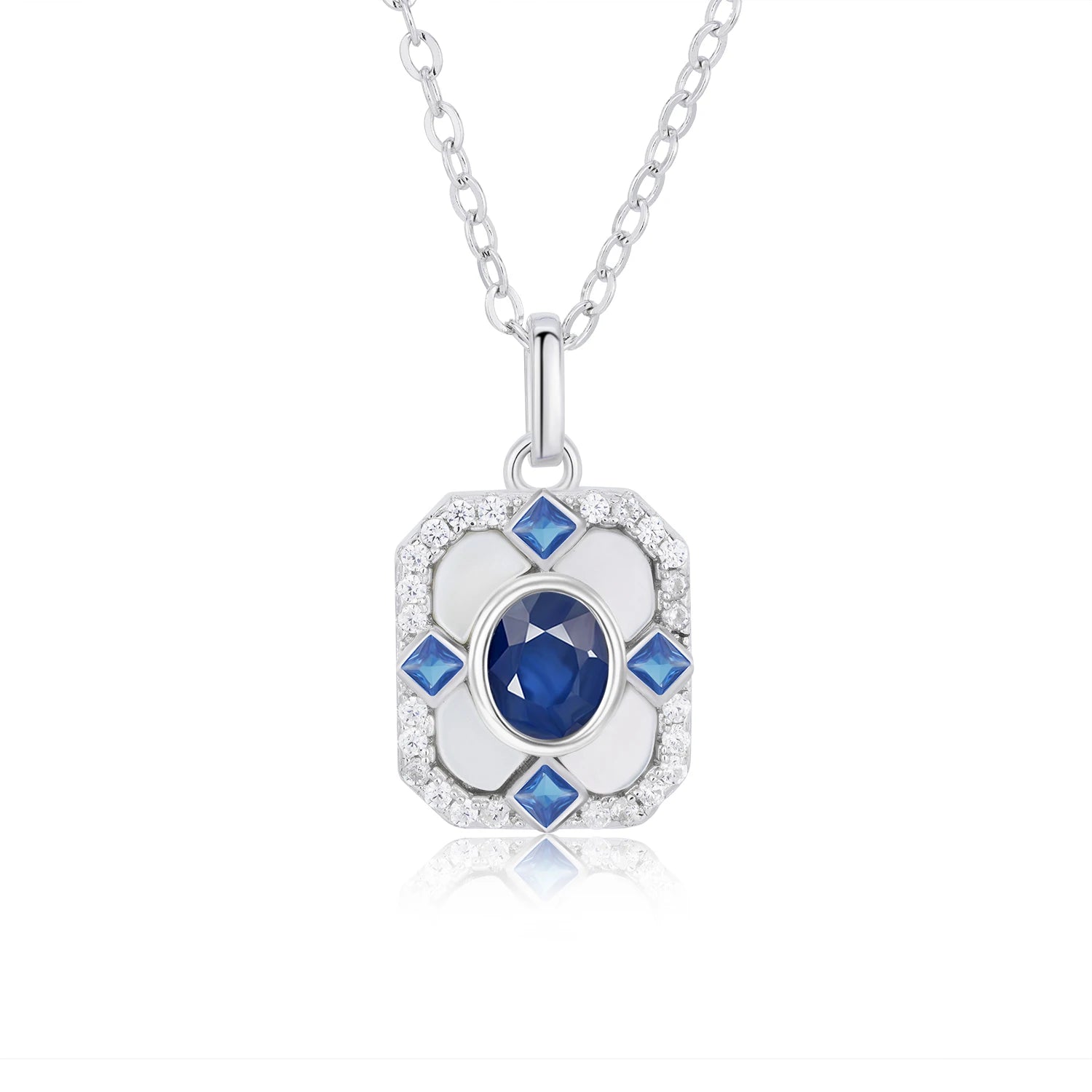 YBO Trendy Four Leaf Clover White Shell Pendant Natural Sapphire 925 Sterling Silver Square Charm Engagement & Wedding Necklace