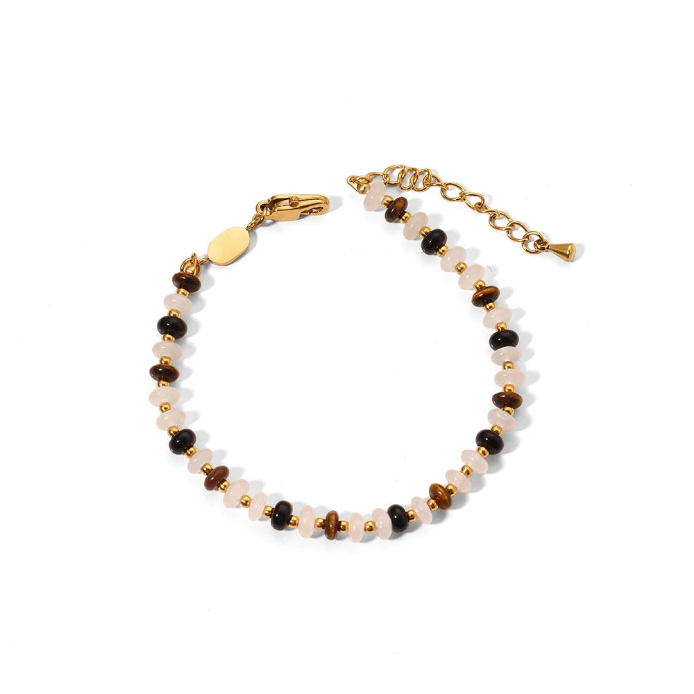 Stainless Steel 18K Gold Ins Design Tiger Eye Onyx Natural Stones Bracelet Tarnish Free Beads Jewelry for Women