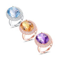 Sun Star Luxury Silver/Rose Gold Plated Large Oval Topaz Zircon Gemstone Jewelry Weeding Engagement Party Gift Rings for Women