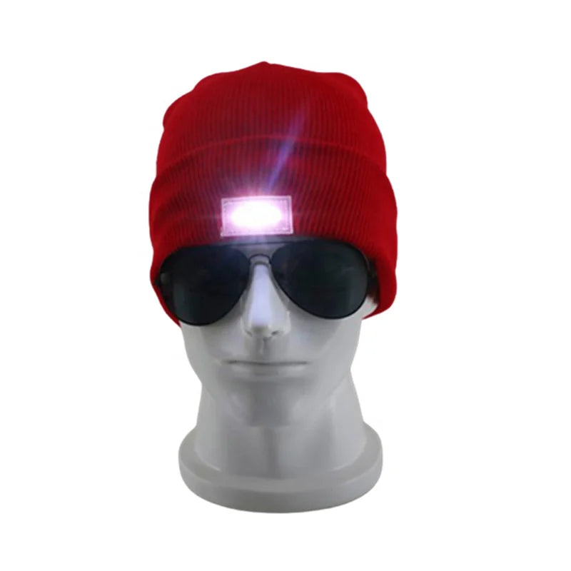 LED Light Ski Warm 100% Acrylic Jacquard Knitted Beanie Hat with Pockets Digital Printing Letter Pattern for Unisex Adults