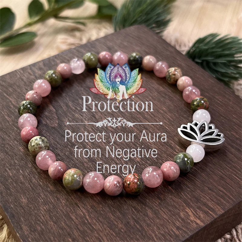 Handmade 6mm Healing Rose Quartz and Rhodonite Lotus Flower Charm Stone Bracelet Women Gifts