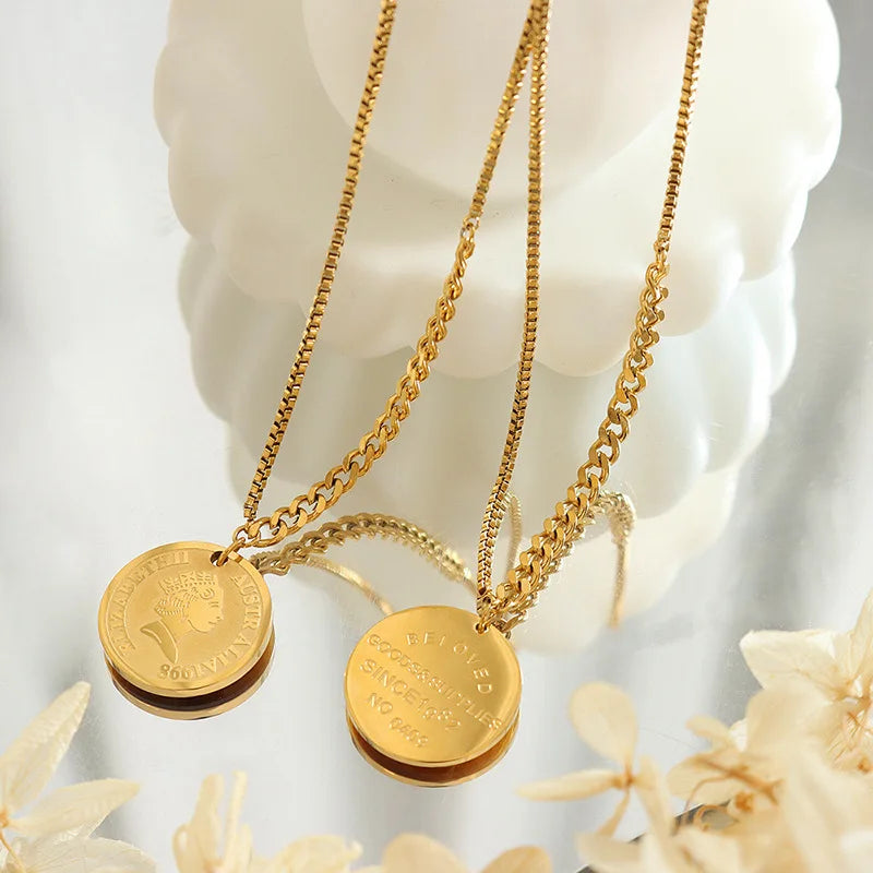 Beimai OEM Necklace French Vintage Round Pendant 18k Gold Plated Titanium Steel Necklace