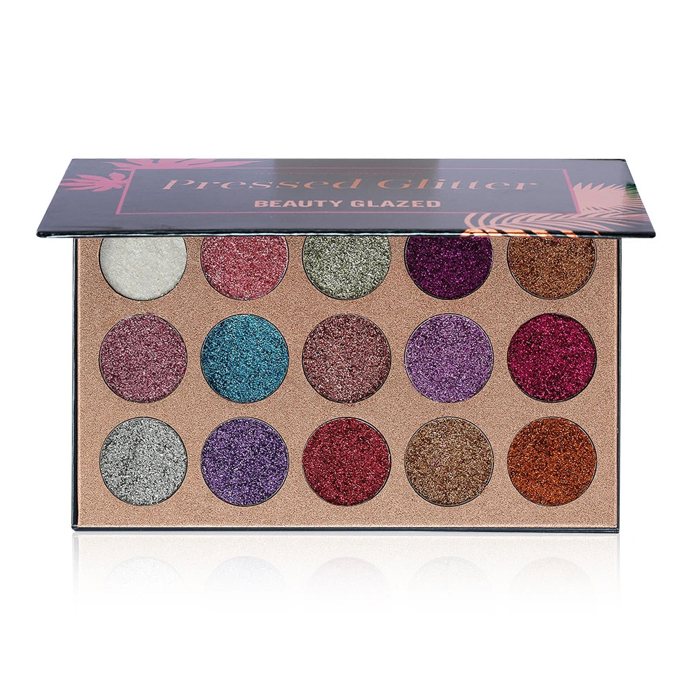 Gorgeous 15-Color High Pigmented Pressed Glitter Kit Pro Makeup Eyeshadow Palette with Shimmer Finish Powder Form