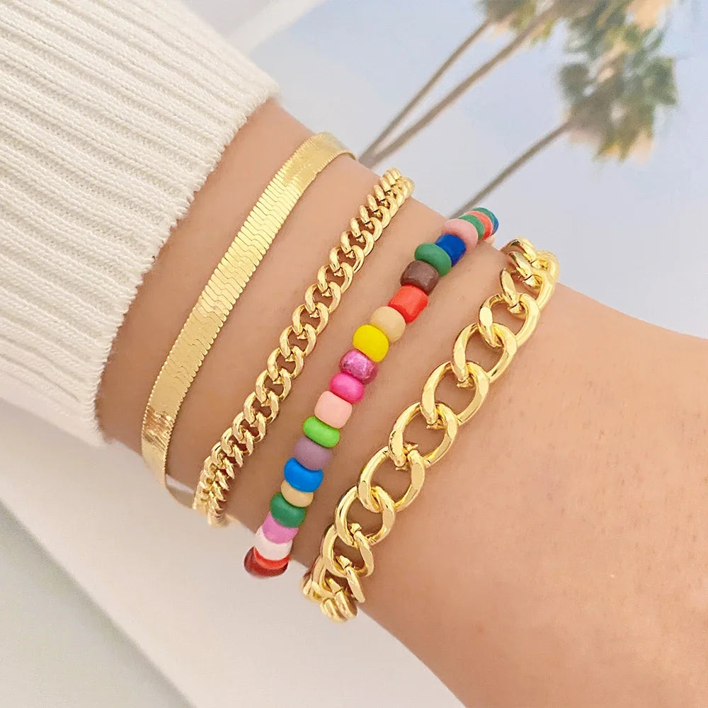 New Bohemia Colorful Gold Beads Chain Bracelets Set for Women Fashion Jewelry Gifts Irregular Pearl Geometric Bracelet