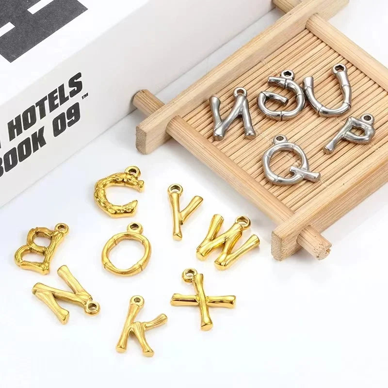 Wholesale 18K Gold Plated Stainless Steel a to Z 26 Letters Bamboo Shape Initial Letter Pendant Women Men Jewelry for DIY