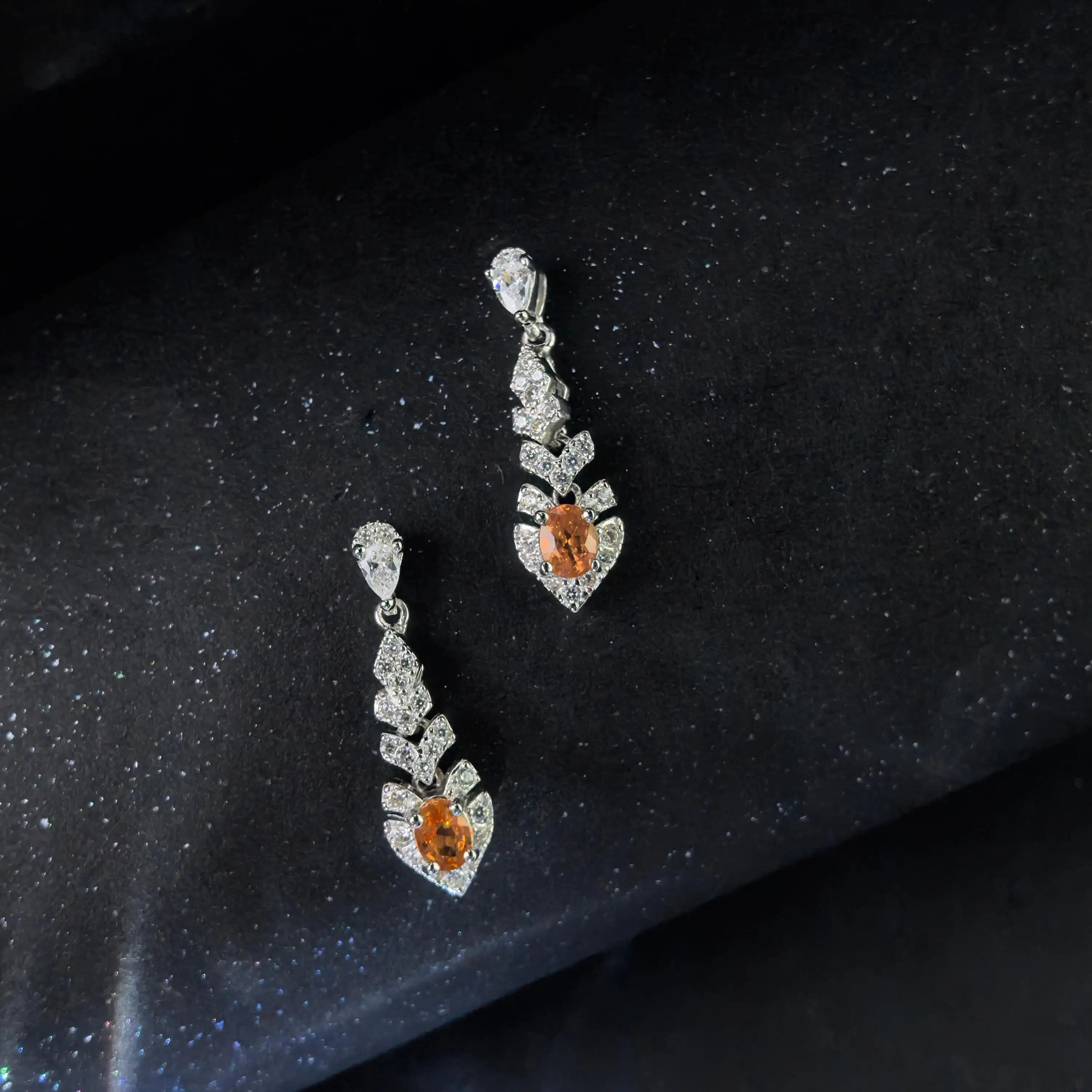 Elegant Rhodium Plated 925 Silver Jewelry Natural Mandarin Sapphire Drop Earrings for Women Anniversary Gift Daily Wear