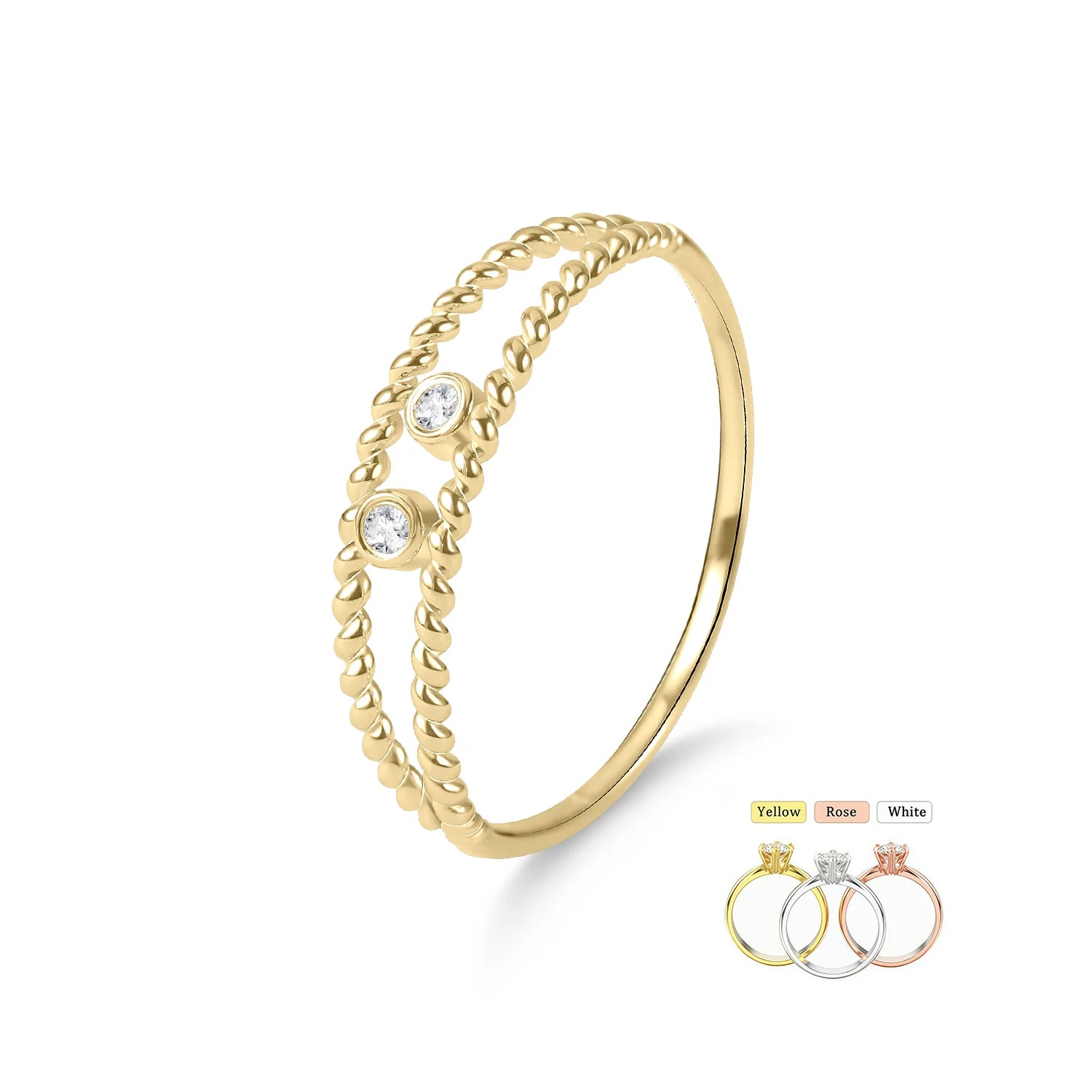 Real Solid Gold 14K 18K Diamond Bezel Twisted Engagement Ring Double Twisted Ring with Lab Grown Diamonds