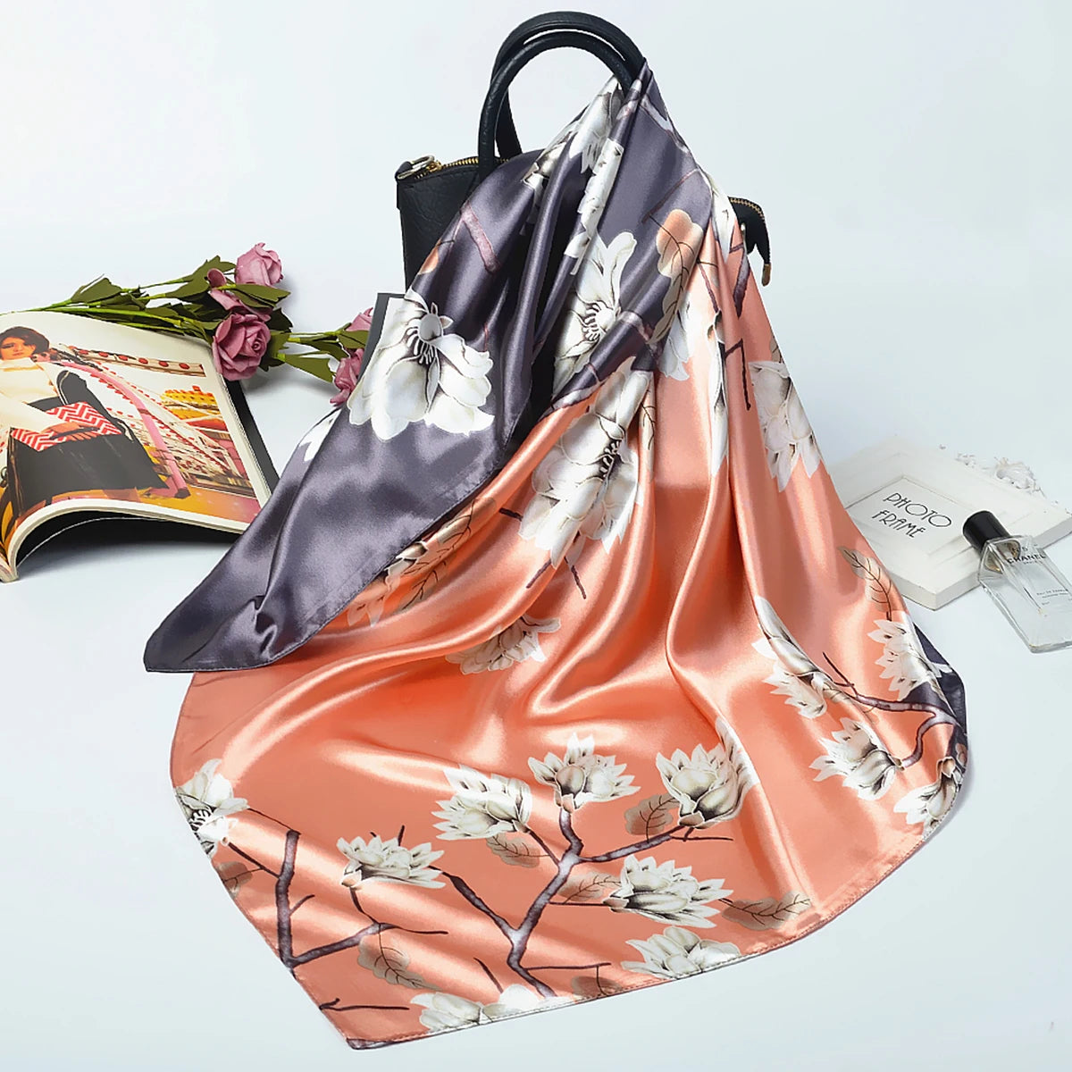 Wholesale Customized New Design Digital Printing Silk Scarf Polyester Printed Head Accessories Square Satin Hijab Scarf