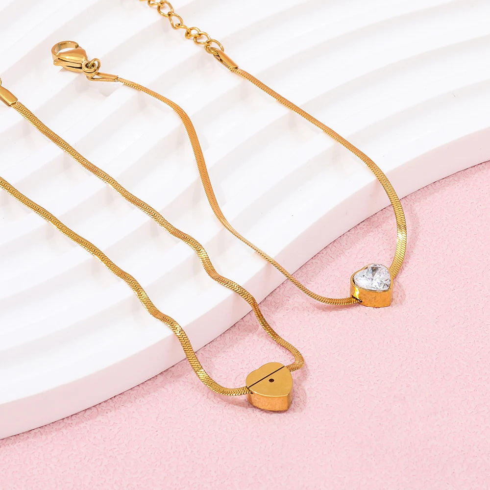 High End PVD Gold Plated Stainless Steel Snake Chain Movable Zirconia Heart Bracelet Anklet for Women Wholesale Jewelry 6mm