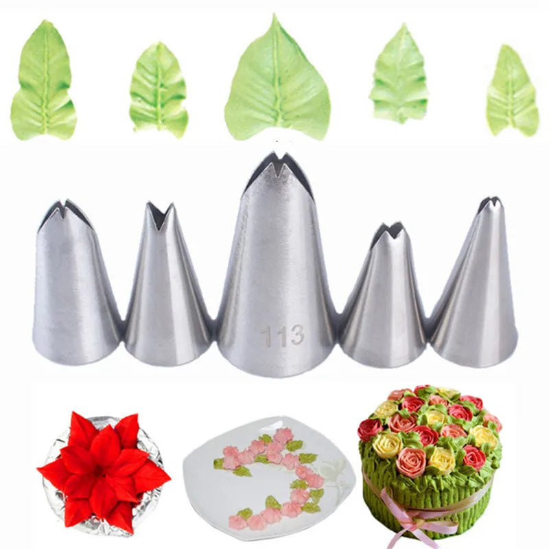 5 Pieces Leaf Piping Icing Nozzle Cake Decorating Tube Set Leaves Stainless Steel Eco-Friendly Moulds Pastry Fondant OEM Brand
