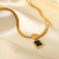 Fashion Gold Plated Stainless Steel Snake Link Chain Necklace for Women Square Green Zircon Pendant with Pearl for Wedding Gift