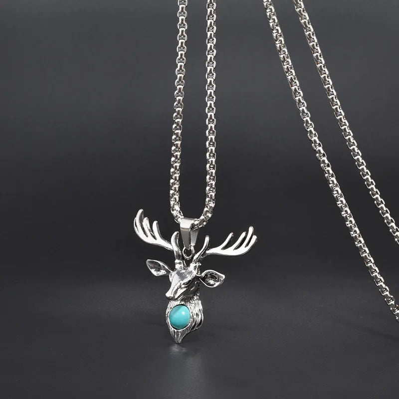 Vintage Style Stainless Steel Elk Antlers Pendant Necklace for Men Gift Titanium Steel Turquoise Stone Gemstone Necklace Jewelry