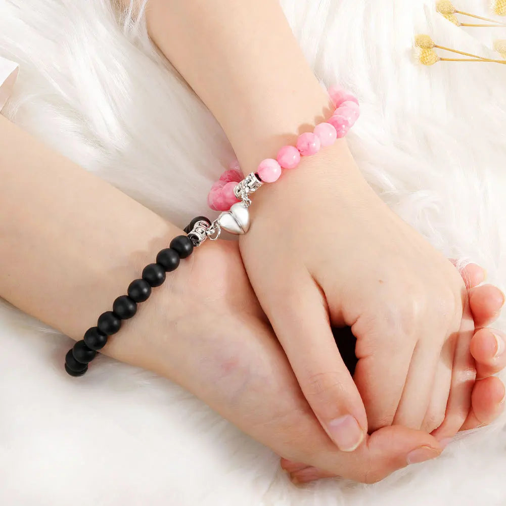 Valentine's Day Gift Trendy 8mm Natural Stone Beads Charm Magnet Heart Couple Bracelet Set Jewelry for Lover